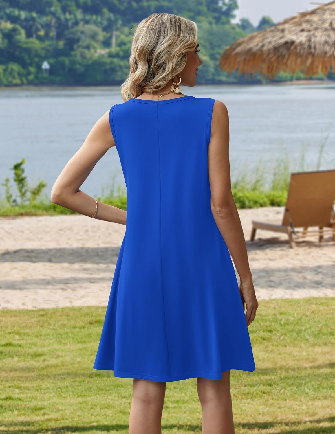 image:imageZeagoo Womens Summer Dress 2026 Sleeveless Casual ALine Tshirt Sundresses Dress With PocketFloral PrintCrewneckAline Flowy Swing Mini DressLoose Tank Tshirt DressFor Beach VocationSky Blue