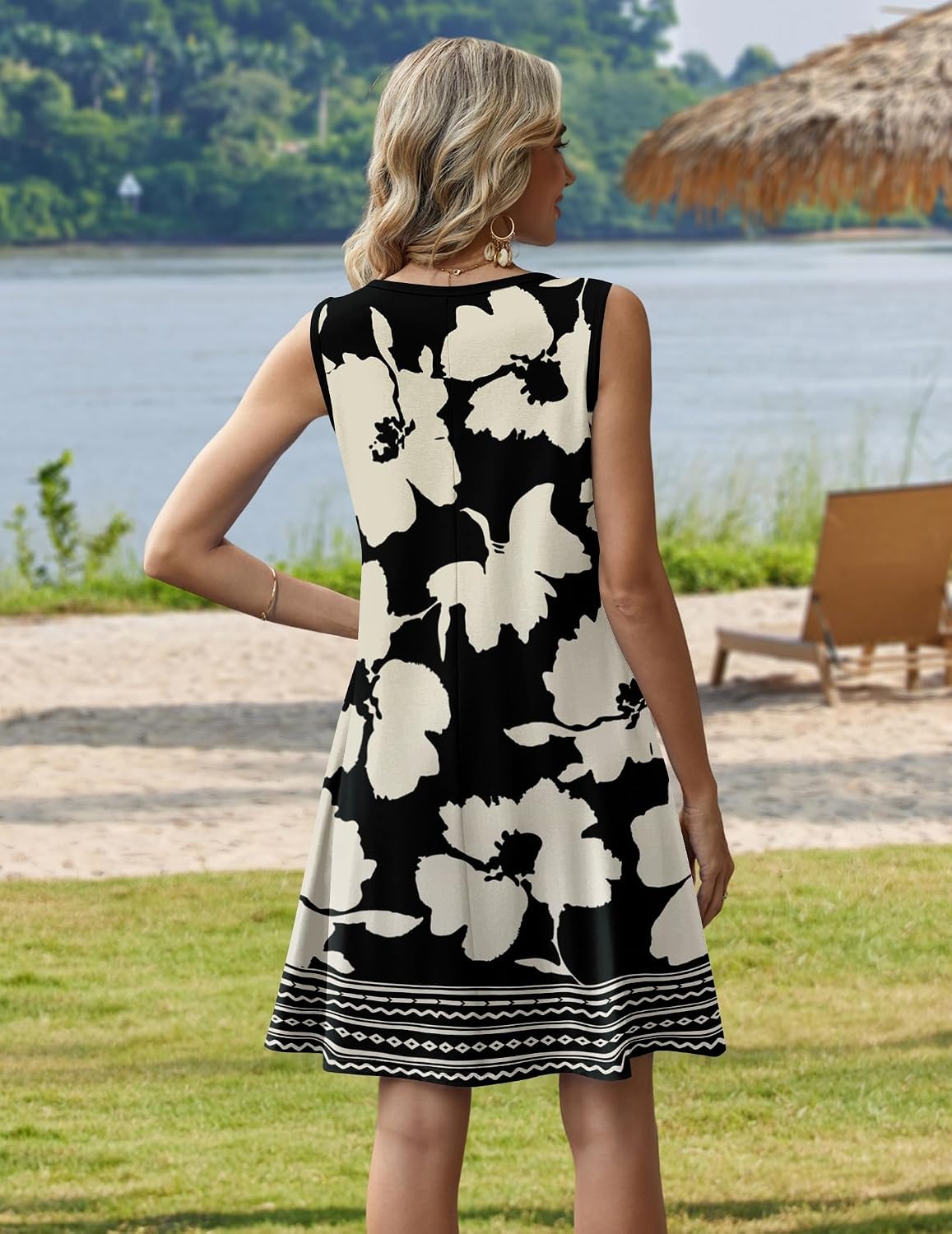 image:imageZeagoo Womens Summer Dress 2026 Sleeveless Casual ALine Tshirt Sundresses Dress With PocketFloral PrintCrewneckAline Flowy Swing Mini DressLoose Tank Tshirt DressFor Beach VocationSf350