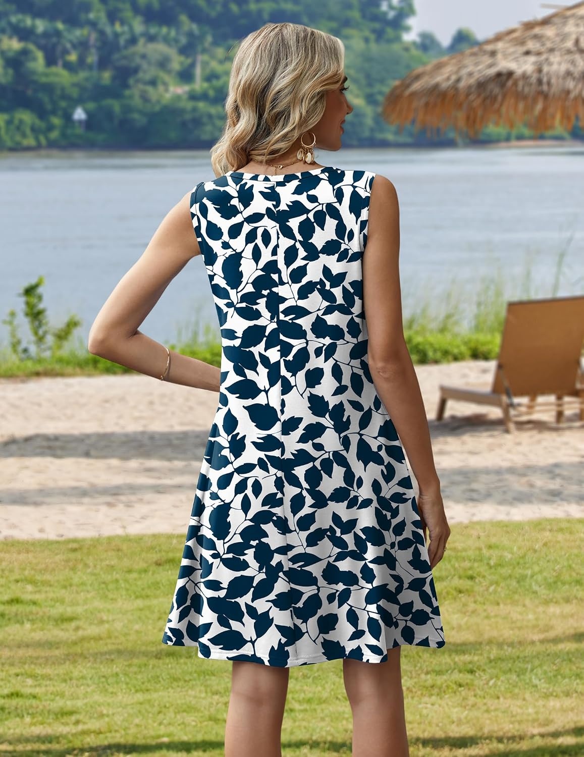 image:imageZeagoo Womens Summer Dress 2026 Sleeveless Casual ALine Tshirt Sundresses Dress With PocketFloral PrintCrewneckAline Flowy Swing Mini DressLoose Tank Tshirt DressFor Beach VocationBlue Leaf Print