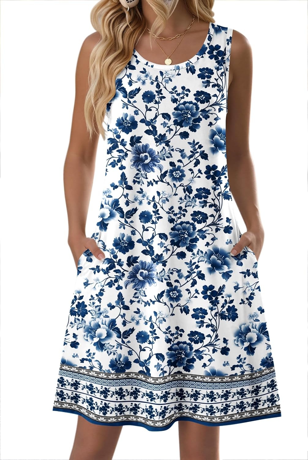 image:imageZeagoo Womens Summer Dress 2026 Sleeveless Casual ALine Tshirt Sundresses Dress With PocketFloral PrintCrewneckAline Flowy Swing Mini DressLoose Tank Tshirt DressFor Beach VocationMz950