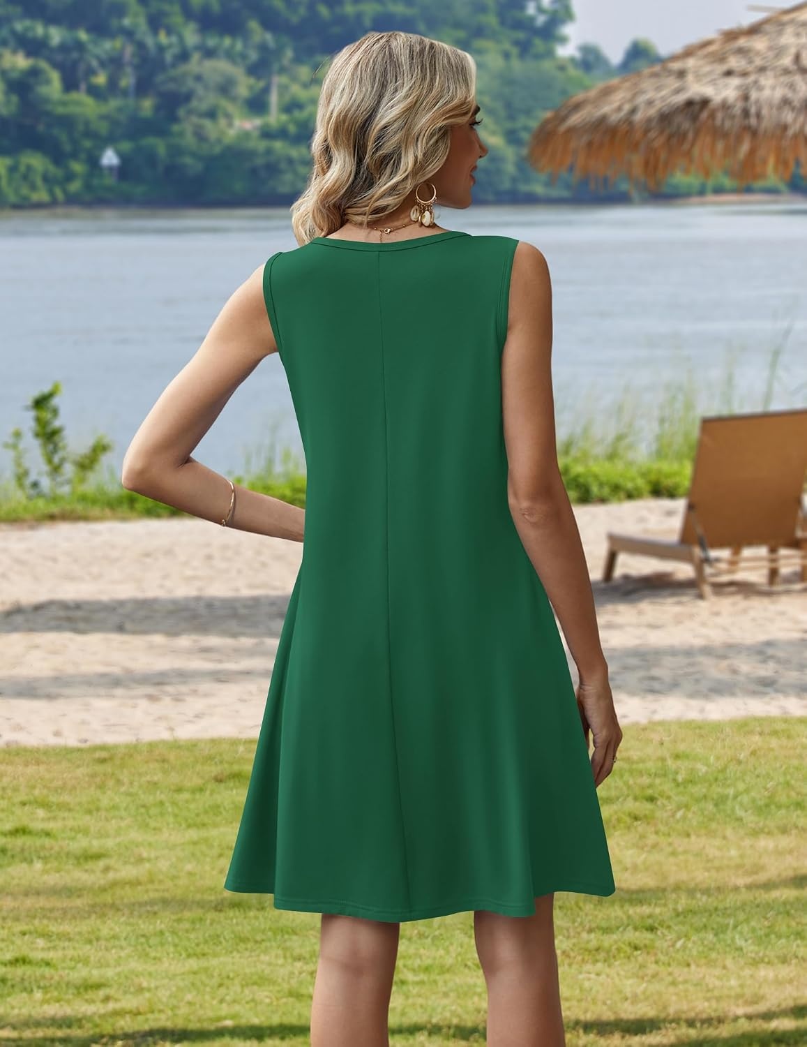 image:imageZeagoo Womens Summer Dress 2026 Sleeveless Casual ALine Tshirt Sundresses Dress With PocketFloral PrintCrewneckAline Flowy Swing Mini DressLoose Tank Tshirt DressFor Beach VocationSolid Green