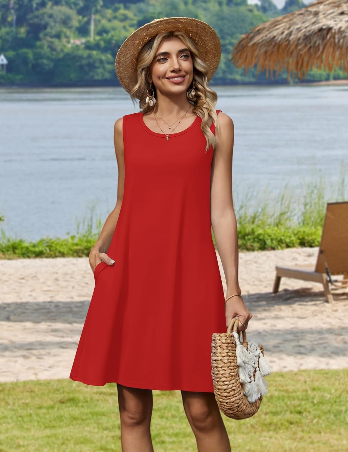 image:imageZeagoo Womens Summer Dress 2026 Sleeveless Casual ALine Tshirt Sundresses Dress With PocketFloral PrintCrewneckAline Flowy Swing Mini DressLoose Tank Tshirt DressFor Beach VocationRed