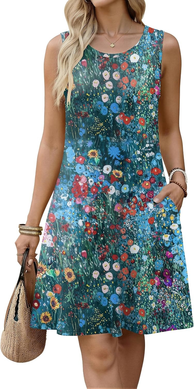 image:imageZeagoo Womens Summer Dress 2026 Sleeveless Casual ALine Tshirt Sundresses Dress With PocketFloral PrintCrewneckAline Flowy Swing Mini DressLoose Tank Tshirt DressFor Beach VocationColorful