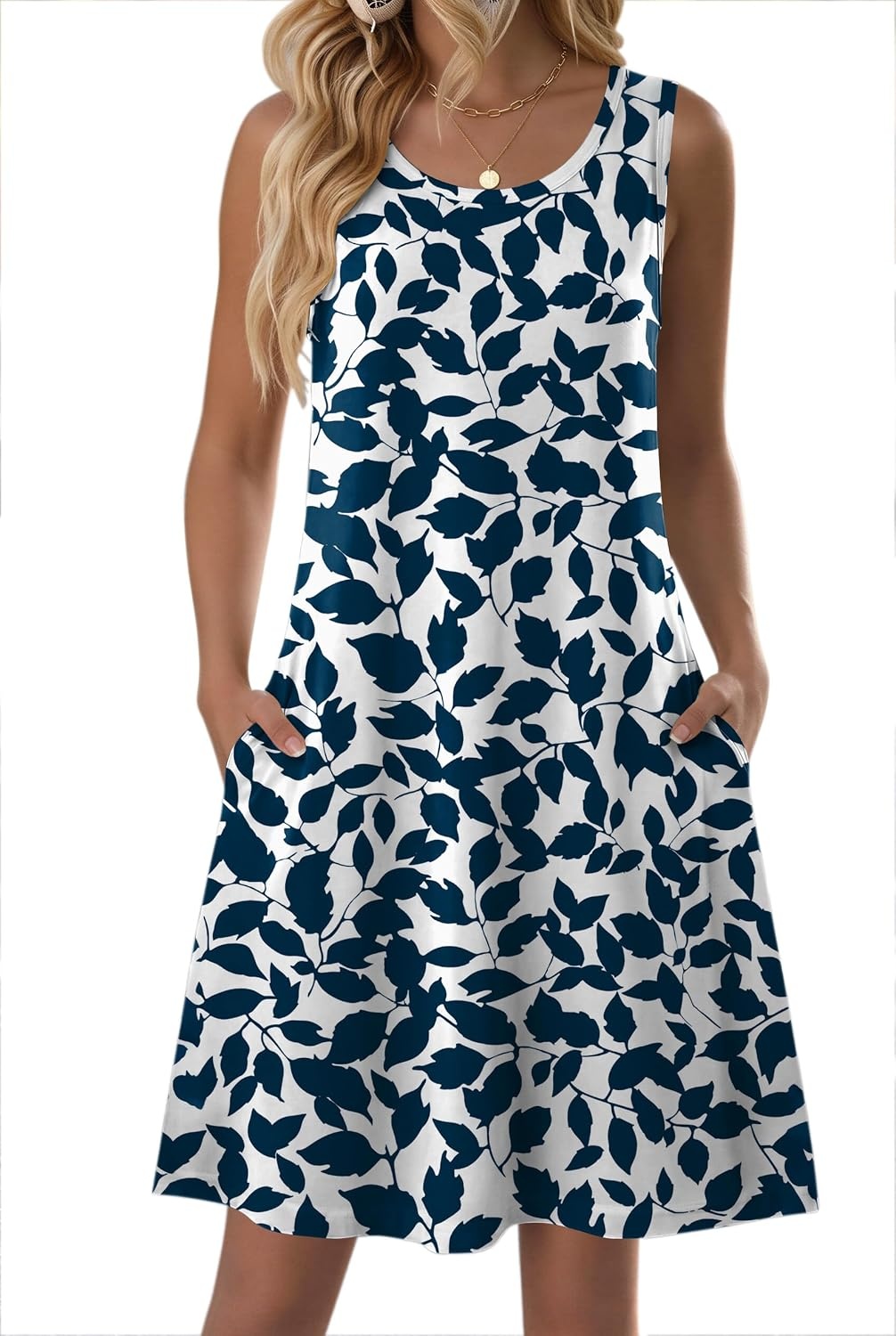 image:imageZeagoo Womens Summer Dress 2026 Sleeveless Casual ALine Tshirt Sundresses Dress With PocketFloral PrintCrewneckAline Flowy Swing Mini DressLoose Tank Tshirt DressFor Beach VocationBlue Leaf Print