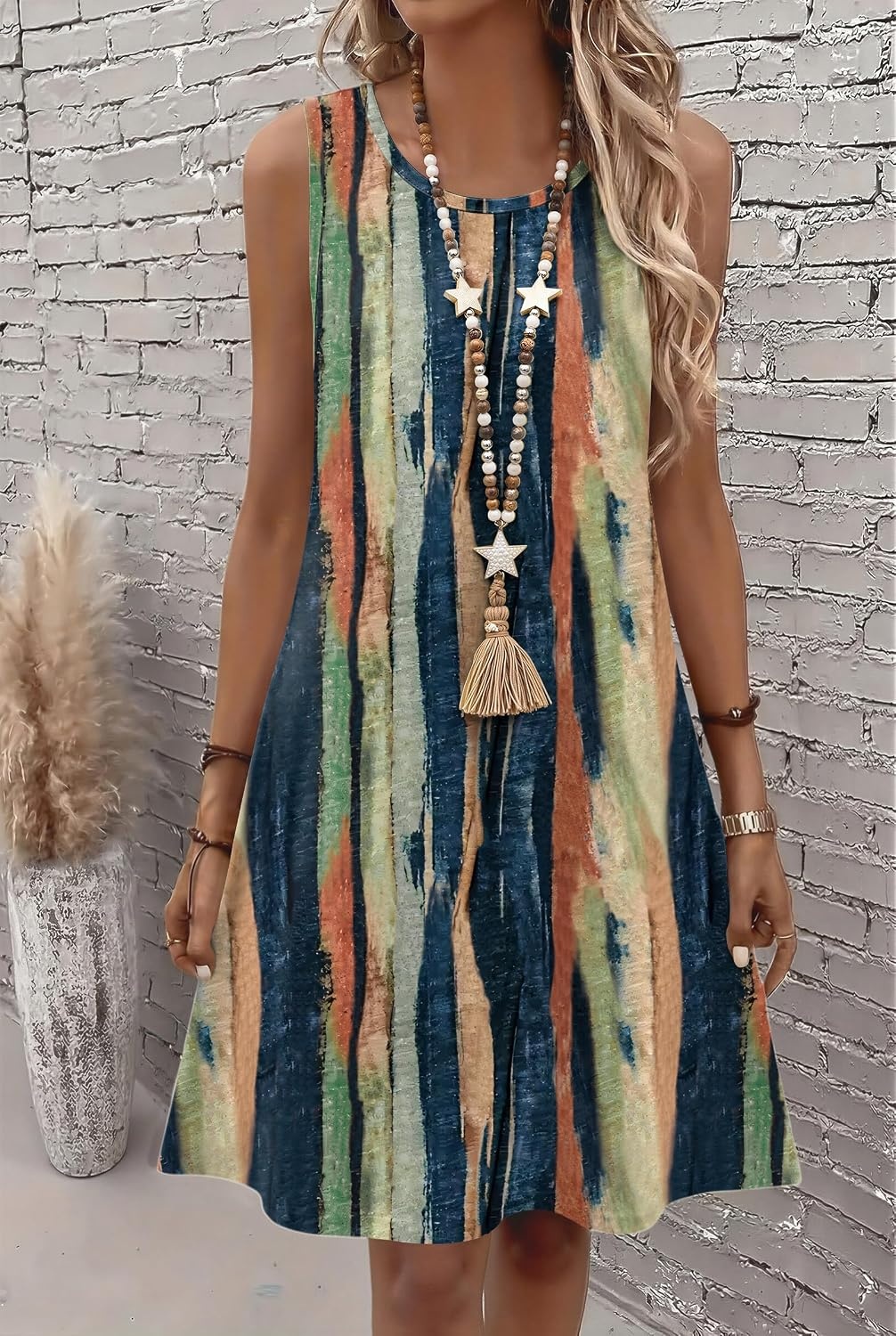 image:imageZeagoo Womens Summer Dress 2026 Sleeveless Casual ALine Tshirt Sundresses Dress With PocketFloral PrintCrewneckAline Flowy Swing Mini DressLoose Tank Tshirt DressFor Beach VocationStripe Print