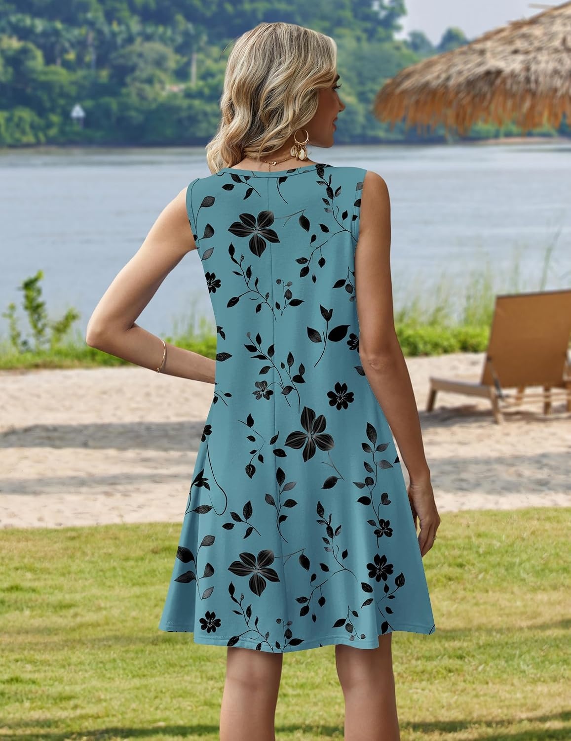 image:imageZeagoo Womens Summer Dress 2026 Sleeveless Casual ALine Tshirt Sundresses Dress With PocketFloral PrintCrewneckAline Flowy Swing Mini DressLoose Tank Tshirt DressFor Beach VocationSf237