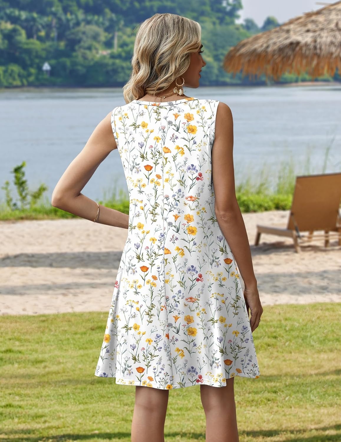 image:imageZeagoo Womens Summer Dress 2026 Sleeveless Casual ALine Tshirt Sundresses Dress With PocketFloral PrintCrewneckAline Flowy Swing Mini DressLoose Tank Tshirt DressFor Beach VocationWhite Floral