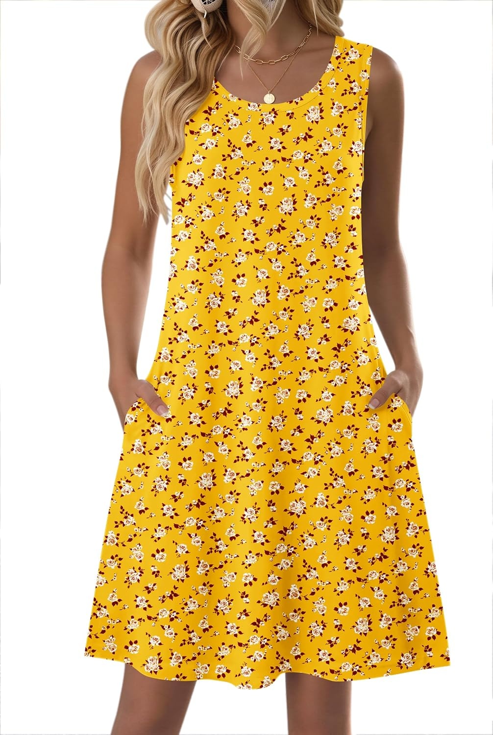 image:imageZeagoo Womens Summer Dress 2026 Sleeveless Casual ALine Tshirt Sundresses Dress With PocketFloral PrintCrewneckAline Flowy Swing Mini DressLoose Tank Tshirt DressFor Beach VocationXh528
