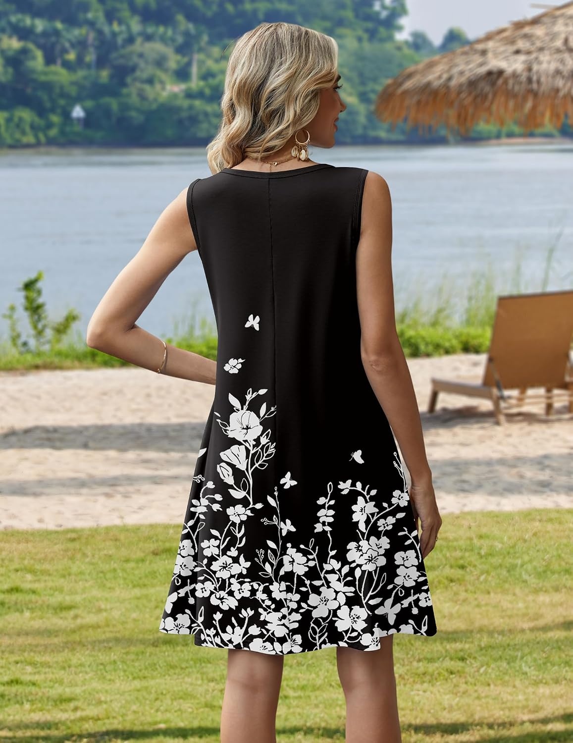 image:imageZeagoo Womens Summer Dress 2026 Sleeveless Casual ALine Tshirt Sundresses Dress With PocketFloral PrintCrewneckAline Flowy Swing Mini DressLoose Tank Tshirt DressFor Beach Vocation01black Floral