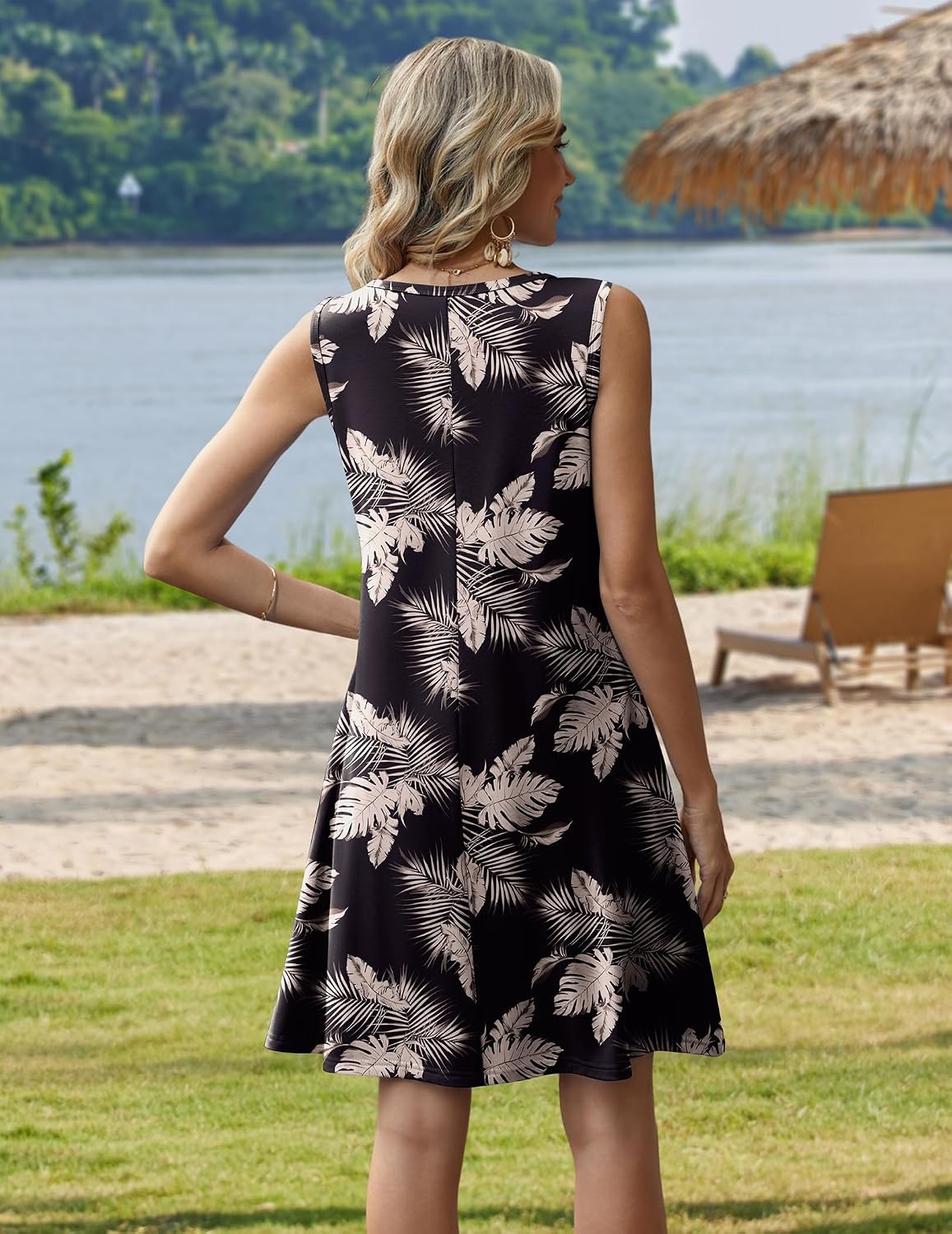 image:imageZeagoo Womens Summer Dress 2026 Sleeveless Casual ALine Tshirt Sundresses Dress With PocketFloral PrintCrewneckAline Flowy Swing Mini DressLoose Tank Tshirt DressFor Beach VocationBlack Leaf