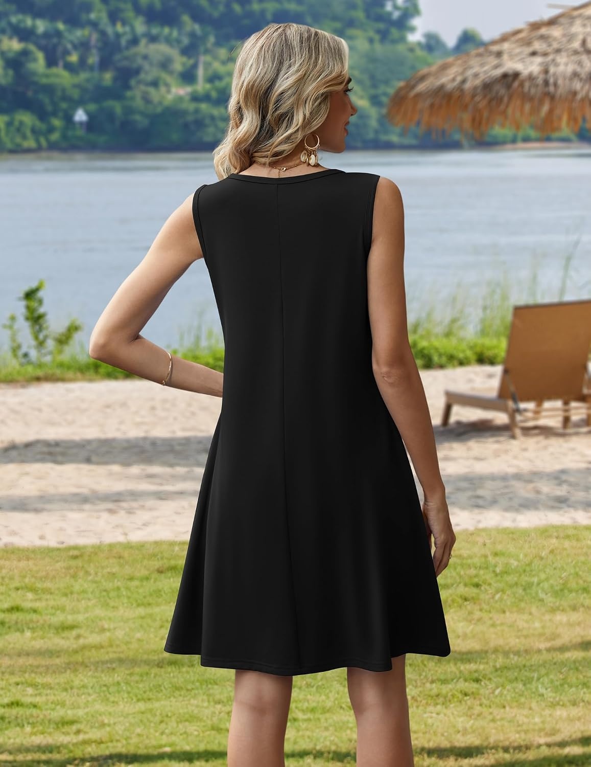 image:imageZeagoo Womens Summer Dress 2026 Sleeveless Casual ALine Tshirt Sundresses Dress With PocketFloral PrintCrewneckAline Flowy Swing Mini DressLoose Tank Tshirt DressFor Beach Vocation02black