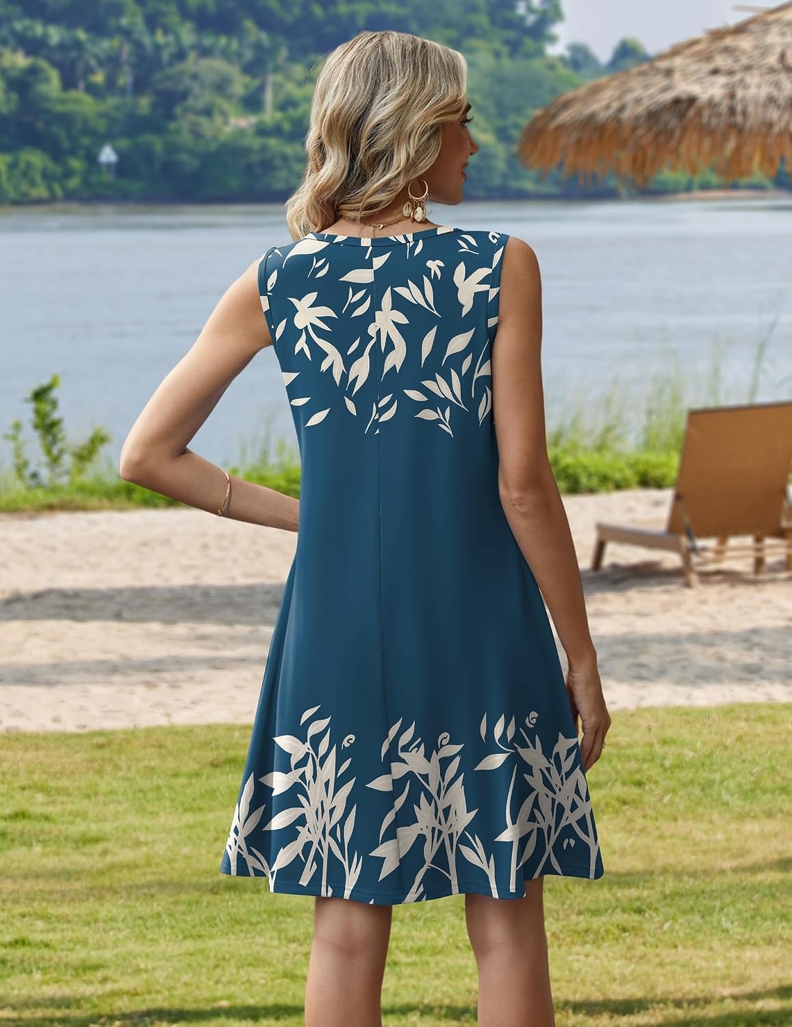 image:imageZeagoo Womens Summer Dress 2026 Sleeveless Casual ALine Tshirt Sundresses Dress With PocketFloral PrintCrewneckAline Flowy Swing Mini DressLoose Tank Tshirt DressFor Beach VocationNavy Blue Print