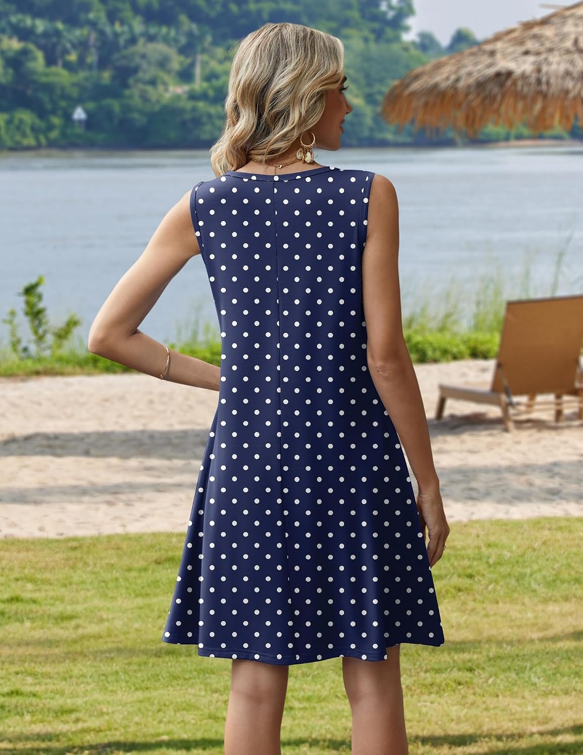 image:imageZeagoo Womens Summer Dress 2026 Sleeveless Casual ALine Tshirt Sundresses Dress With PocketFloral PrintCrewneckAline Flowy Swing Mini DressLoose Tank Tshirt DressFor Beach VocationNavy Round Dot