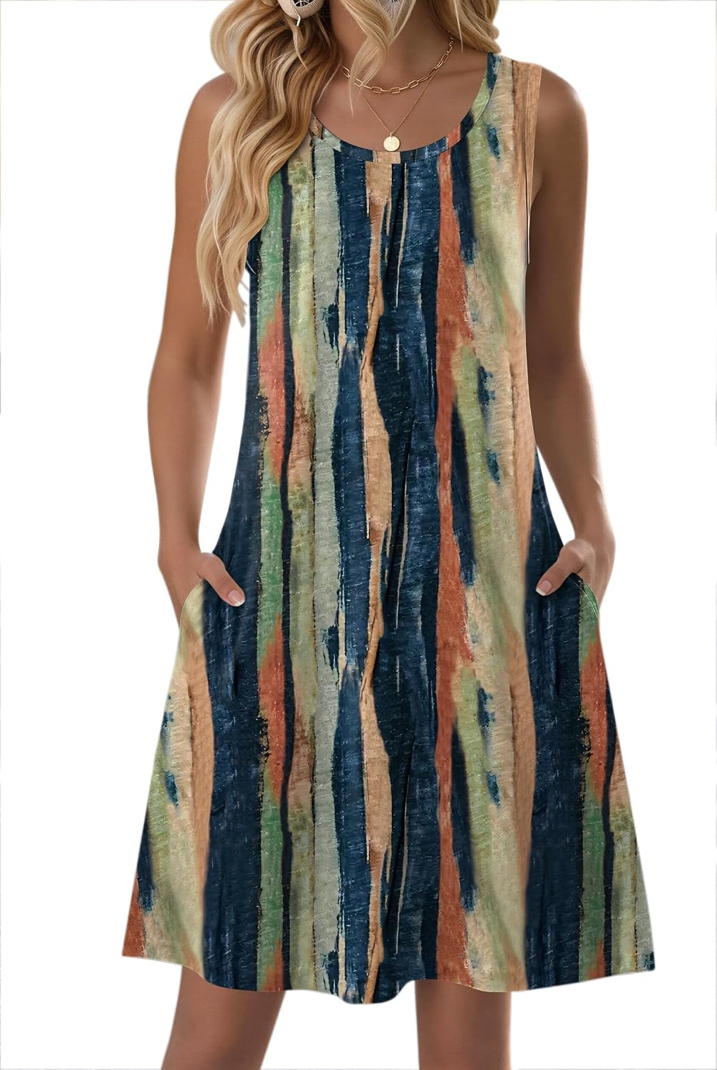 image:imageZeagoo Womens Summer Dress 2026 Sleeveless Casual ALine Tshirt Sundresses Dress With PocketFloral PrintCrewneckAline Flowy Swing Mini DressLoose Tank Tshirt DressFor Beach VocationStripe Print