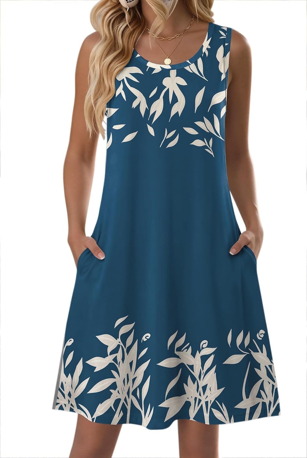 image:imageZeagoo Womens Summer Dress 2026 Sleeveless Casual ALine Tshirt Sundresses Dress With PocketFloral PrintCrewneckAline Flowy Swing Mini DressLoose Tank Tshirt DressFor Beach VocationNavy Blue Print