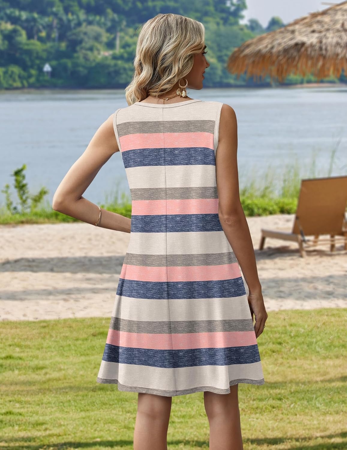 image:imageZeagoo Womens Summer Dress 2026 Sleeveless Casual ALine Tshirt Sundresses Dress With PocketFloral PrintCrewneckAline Flowy Swing Mini DressLoose Tank Tshirt DressFor Beach VocationTw669