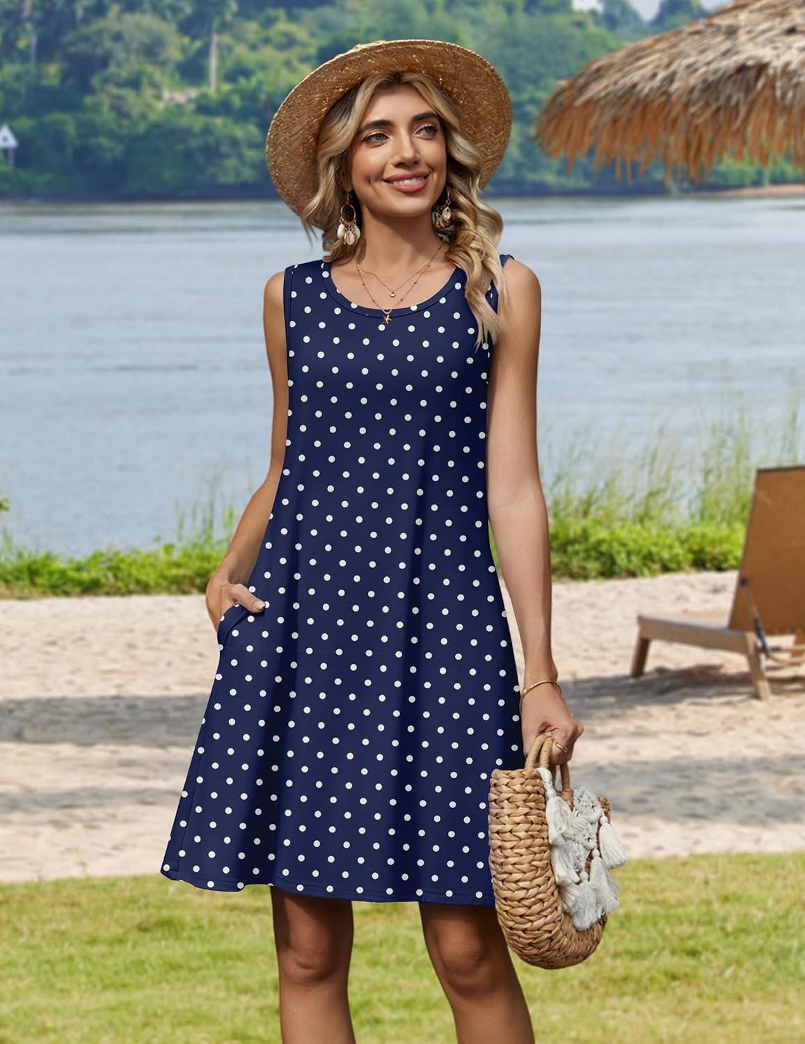 image:imageZeagoo Womens Summer Dress 2026 Sleeveless Casual ALine Tshirt Sundresses Dress With PocketFloral PrintCrewneckAline Flowy Swing Mini DressLoose Tank Tshirt DressFor Beach VocationNavy Round Dot