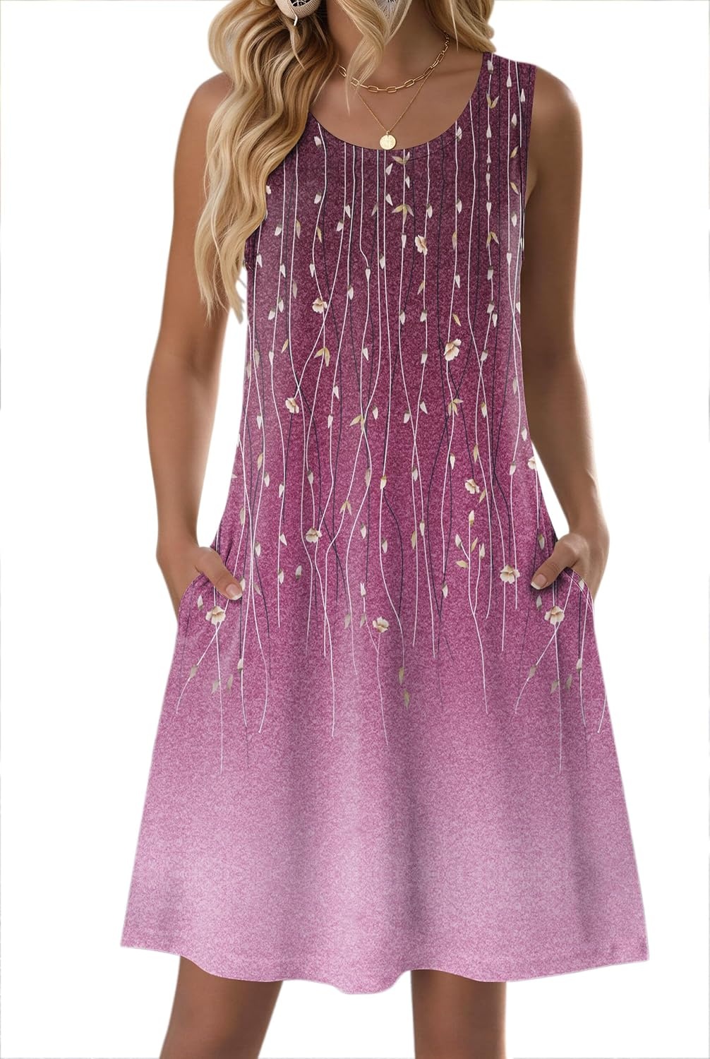 image:imageZeagoo Womens Summer Dress 2026 Sleeveless Casual ALine Tshirt Sundresses Dress With PocketFloral PrintCrewneckAline Flowy Swing Mini DressLoose Tank Tshirt DressFor Beach VocationPurple Print