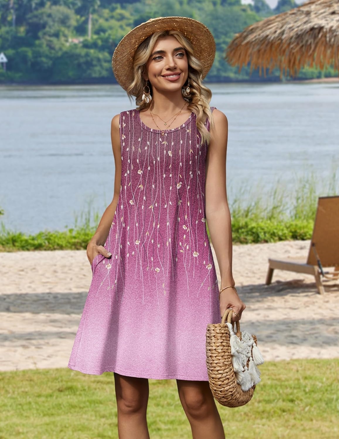 image:imageZeagoo Womens Summer Dress 2026 Sleeveless Casual ALine Tshirt Sundresses Dress With PocketFloral PrintCrewneckAline Flowy Swing Mini DressLoose Tank Tshirt DressFor Beach VocationPurple Print