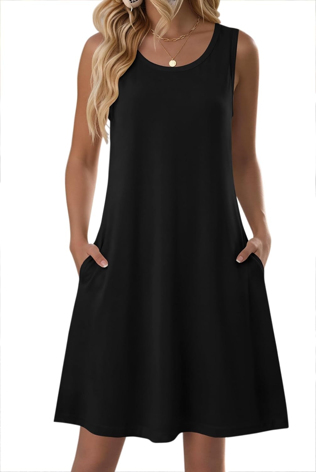 image:imageZeagoo Womens Summer Dress 2026 Sleeveless Casual ALine Tshirt Sundresses Dress With PocketFloral PrintCrewneckAline Flowy Swing Mini DressLoose Tank Tshirt DressFor Beach Vocation02black