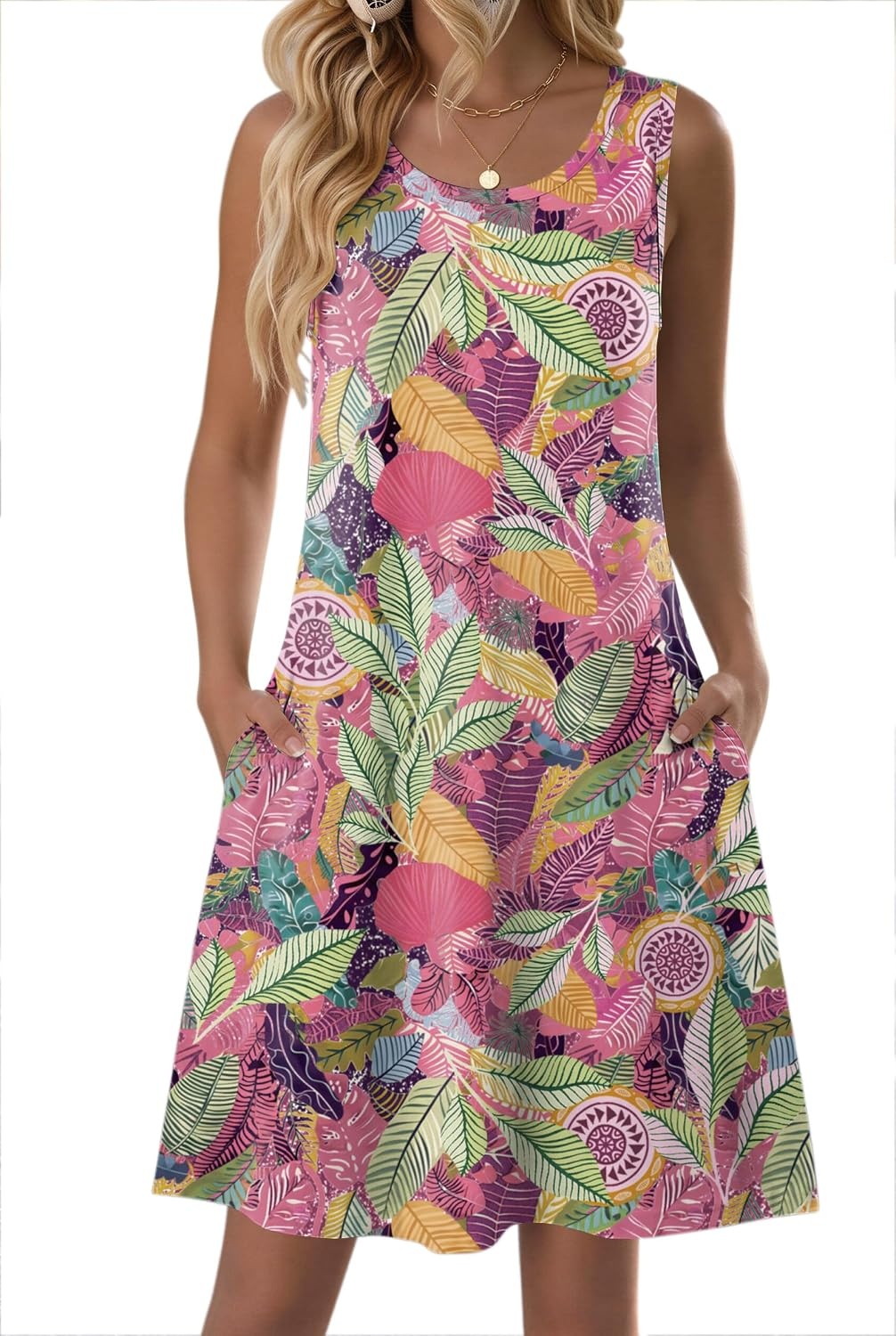 image:imageZeagoo Womens Summer Dress 2026 Sleeveless Casual ALine Tshirt Sundresses Dress With PocketFloral PrintCrewneckAline Flowy Swing Mini DressLoose Tank Tshirt DressFor Beach VocationPurplered