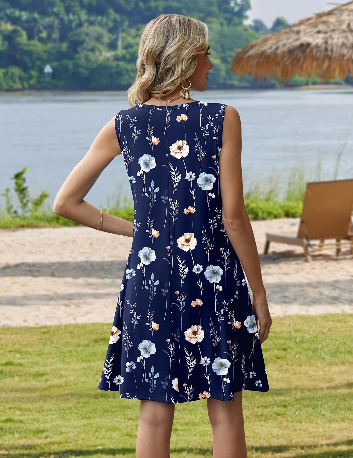 image:imageZeagoo Womens Summer Dress 2026 Sleeveless Casual ALine Tshirt Sundresses Dress With PocketFloral PrintCrewneckAline Flowy Swing Mini DressLoose Tank Tshirt DressFor Beach VocationNavy Printbf318