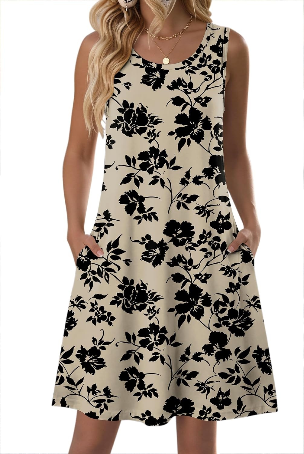 image:imageZeagoo Womens Summer Dress 2026 Sleeveless Casual ALine Tshirt Sundresses Dress With PocketFloral PrintCrewneckAline Flowy Swing Mini DressLoose Tank Tshirt DressFor Beach VocationBeige Black Print