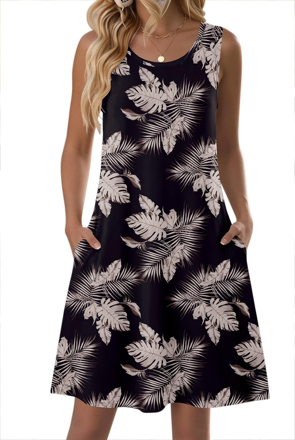 image:imageZeagoo Womens Summer Dress 2026 Sleeveless Casual ALine Tshirt Sundresses Dress With PocketFloral PrintCrewneckAline Flowy Swing Mini DressLoose Tank Tshirt DressFor Beach VocationBlack Leaf