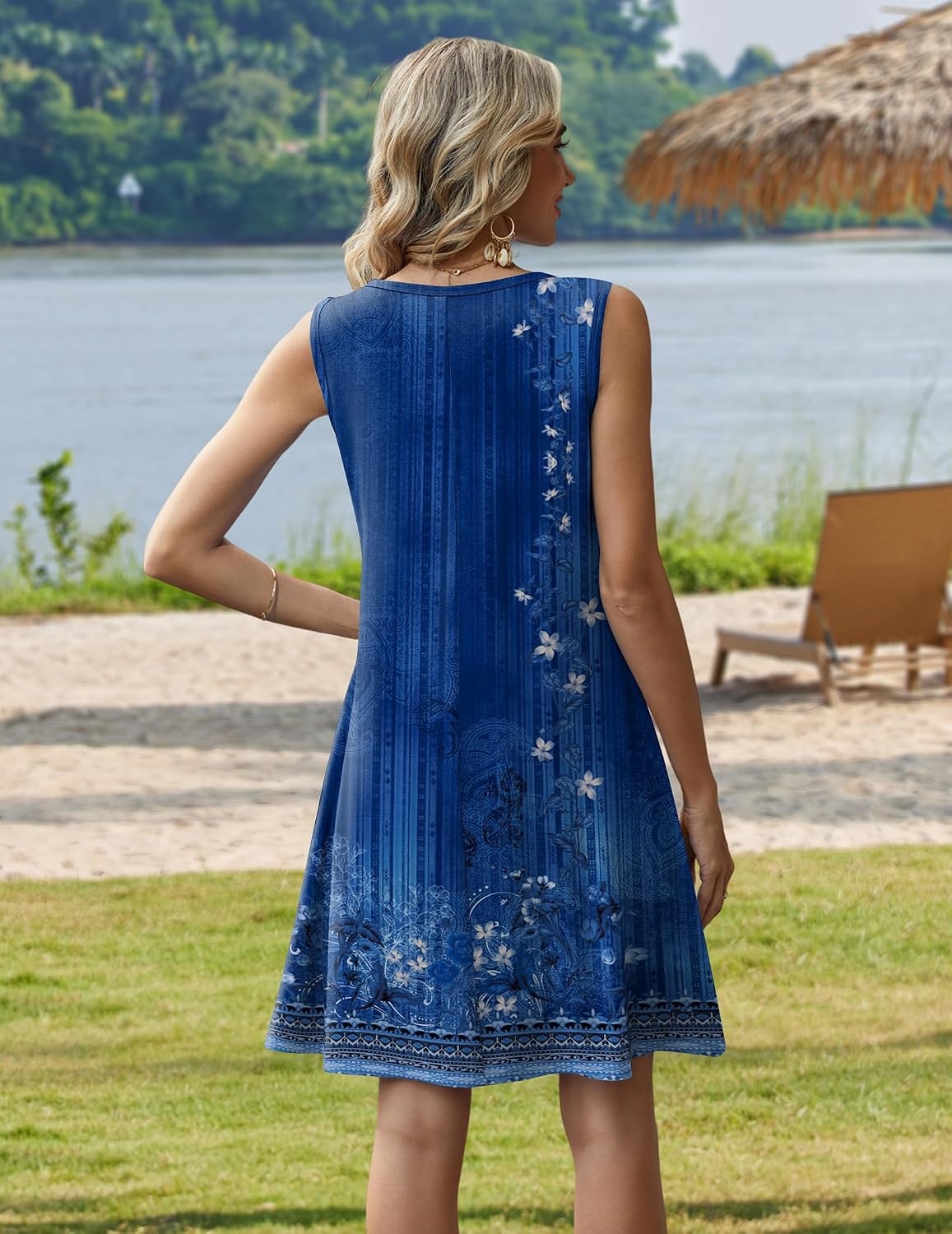 image:imageZeagoo Womens Summer Dress 2026 Sleeveless Casual ALine Tshirt Sundresses Dress With PocketFloral PrintCrewneckAline Flowy Swing Mini DressLoose Tank Tshirt DressFor Beach VocationBlue Ethnic