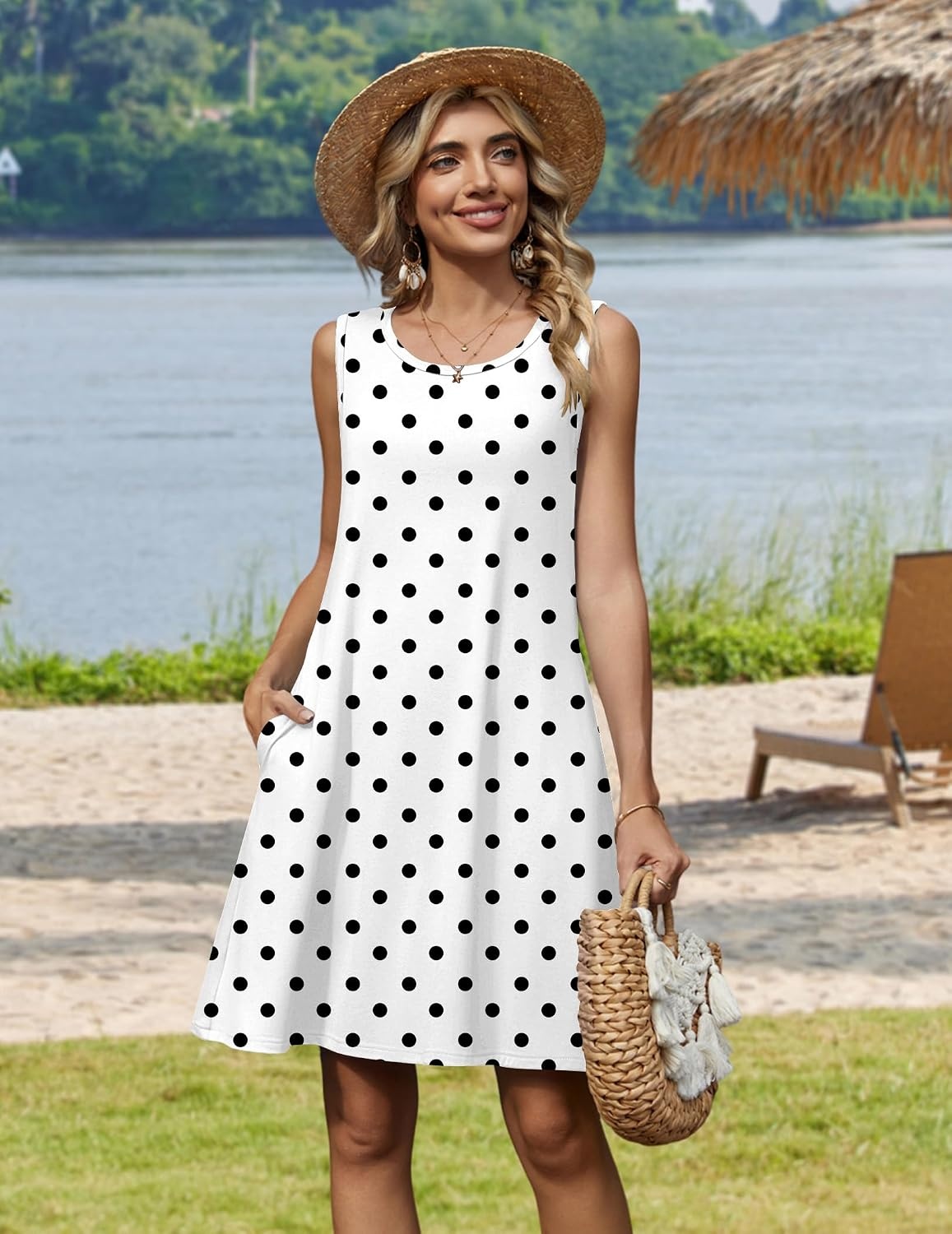 image:imageZeagoo Womens Summer Dress 2026 Sleeveless Casual ALine Tshirt Sundresses Dress With PocketFloral PrintCrewneckAline Flowy Swing Mini DressLoose Tank Tshirt DressFor Beach VocationJh592