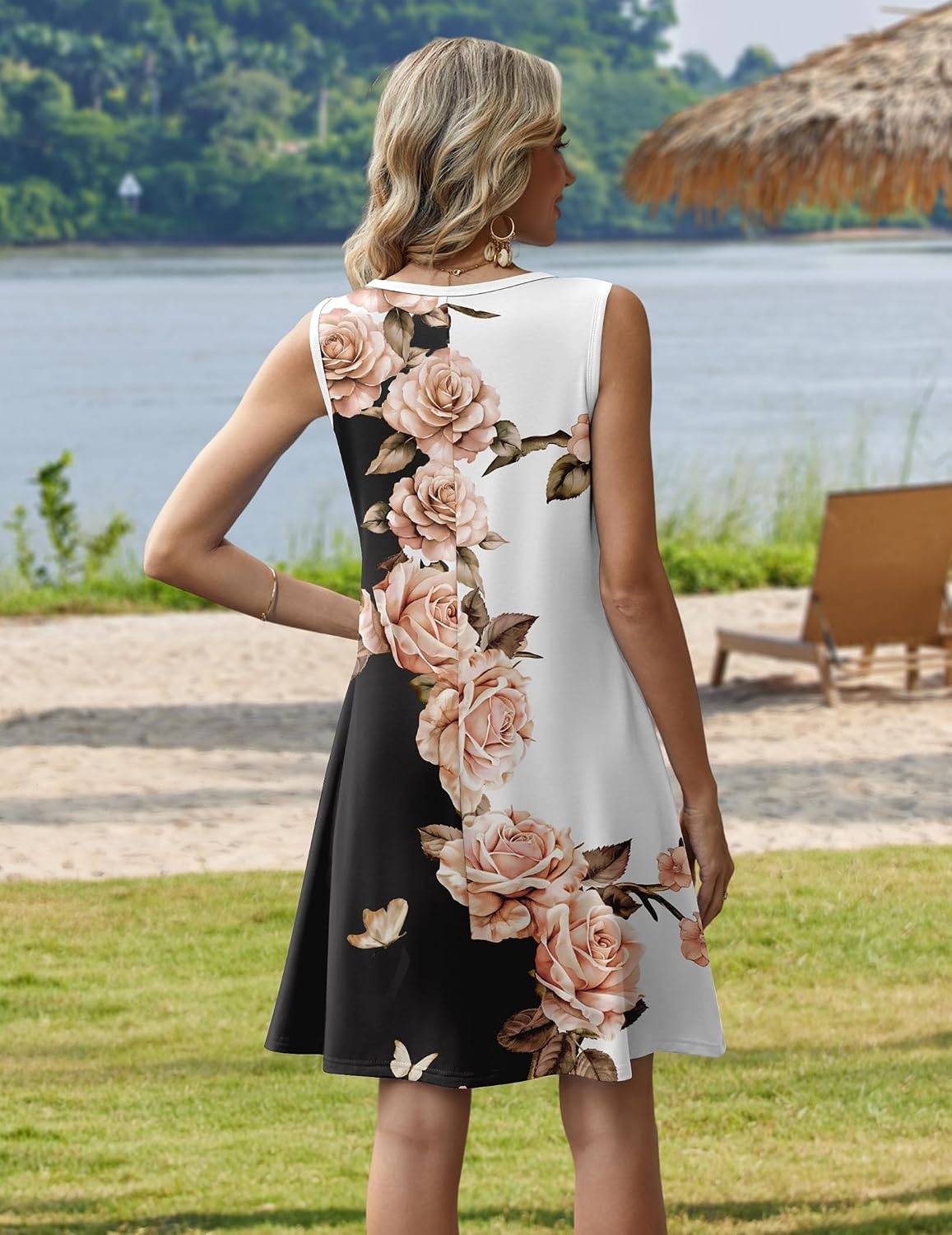 image:imageZeagoo Womens Summer Dress 2026 Sleeveless Casual ALine Tshirt Sundresses Dress With PocketFloral PrintCrewneckAline Flowy Swing Mini DressLoose Tank Tshirt DressFor Beach VocationBlack White Pink Floral