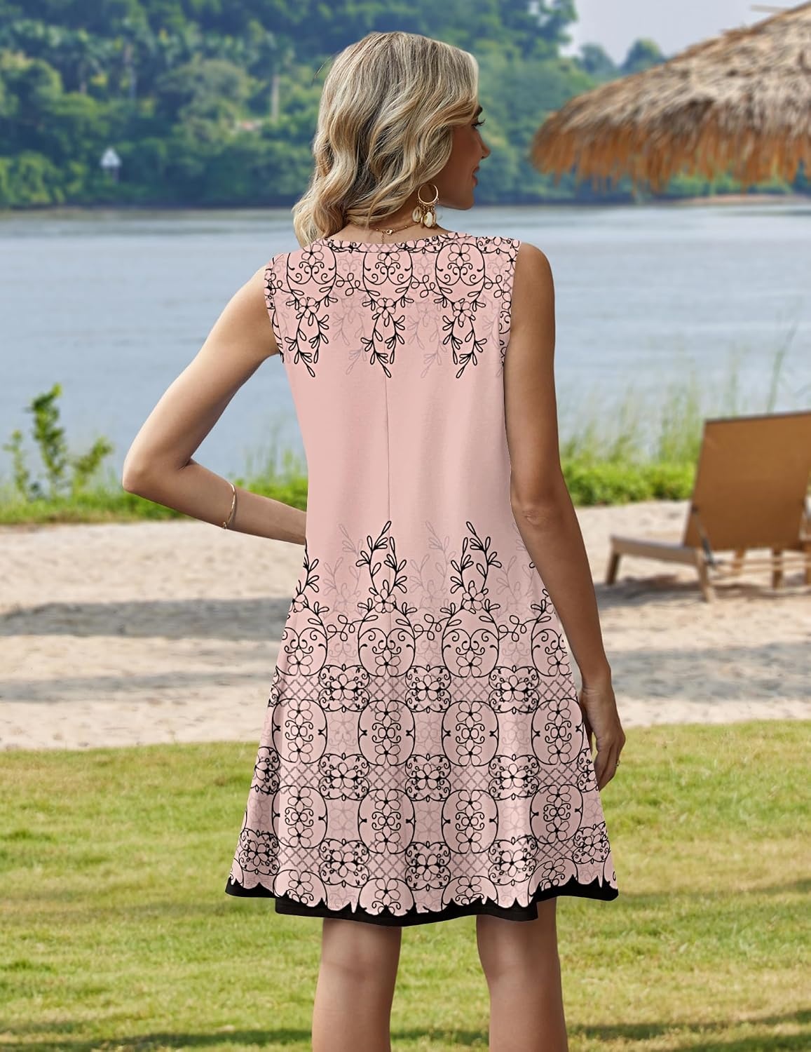 image:imageZeagoo Womens Summer Dress 2026 Sleeveless Casual ALine Tshirt Sundresses Dress With PocketFloral PrintCrewneckAline Flowy Swing Mini DressLoose Tank Tshirt DressFor Beach VocationSf190