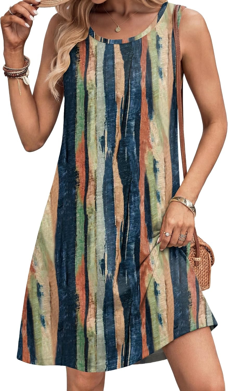 image:imageZeagoo Womens Summer Dress 2026 Sleeveless Casual ALine Tshirt Sundresses Dress With PocketFloral PrintCrewneckAline Flowy Swing Mini DressLoose Tank Tshirt DressFor Beach VocationStripe Print