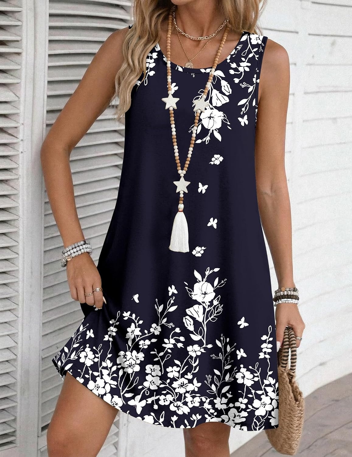 image:imageZeagoo Womens Summer Dress 2026 Sleeveless Casual ALine Tshirt Sundresses Dress With PocketFloral PrintCrewneckAline Flowy Swing Mini DressLoose Tank Tshirt DressFor Beach VocationNavy Blue Floral