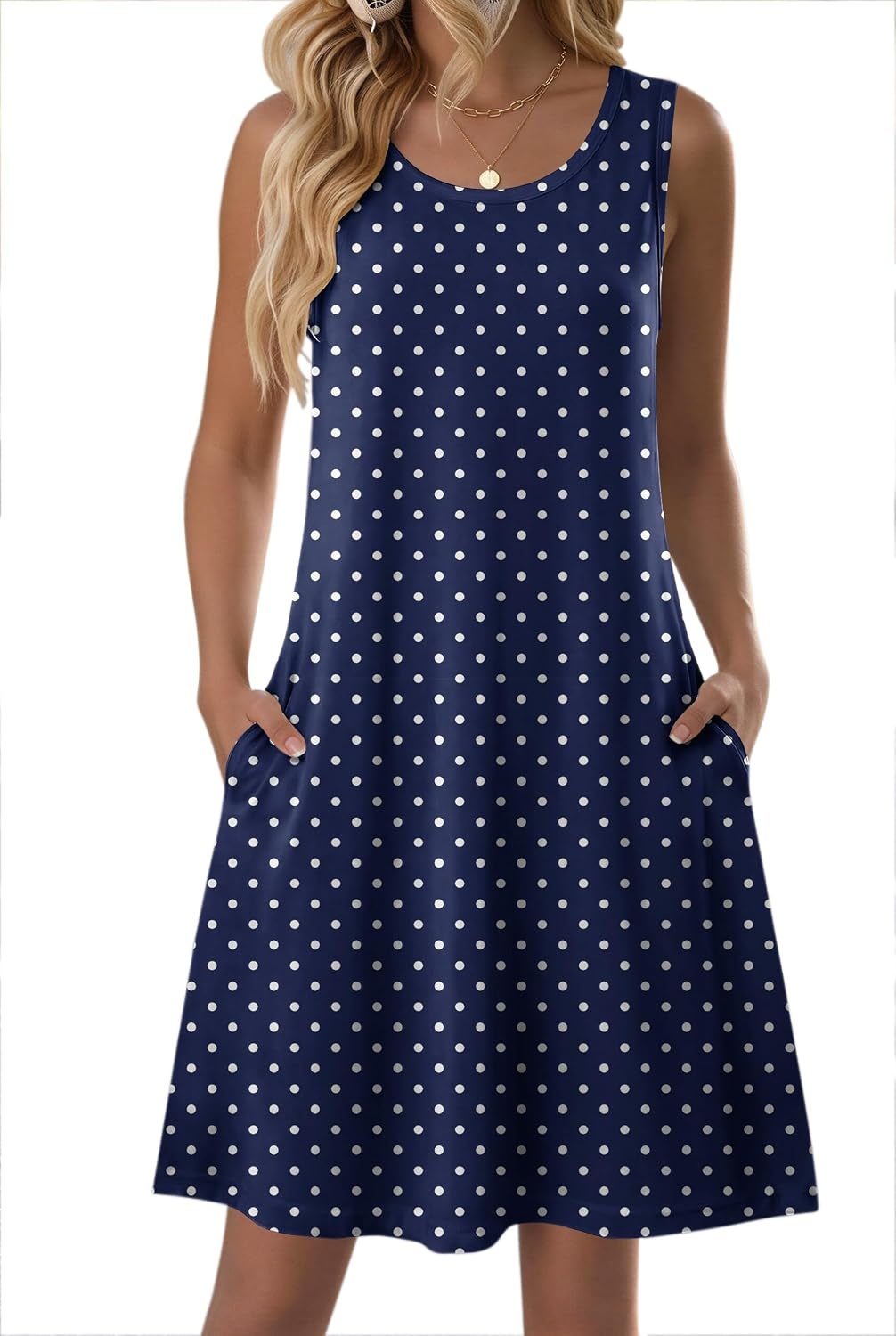 image:imageZeagoo Womens Summer Dress 2026 Sleeveless Casual ALine Tshirt Sundresses Dress With PocketFloral PrintCrewneckAline Flowy Swing Mini DressLoose Tank Tshirt DressFor Beach VocationNavy Round Dot