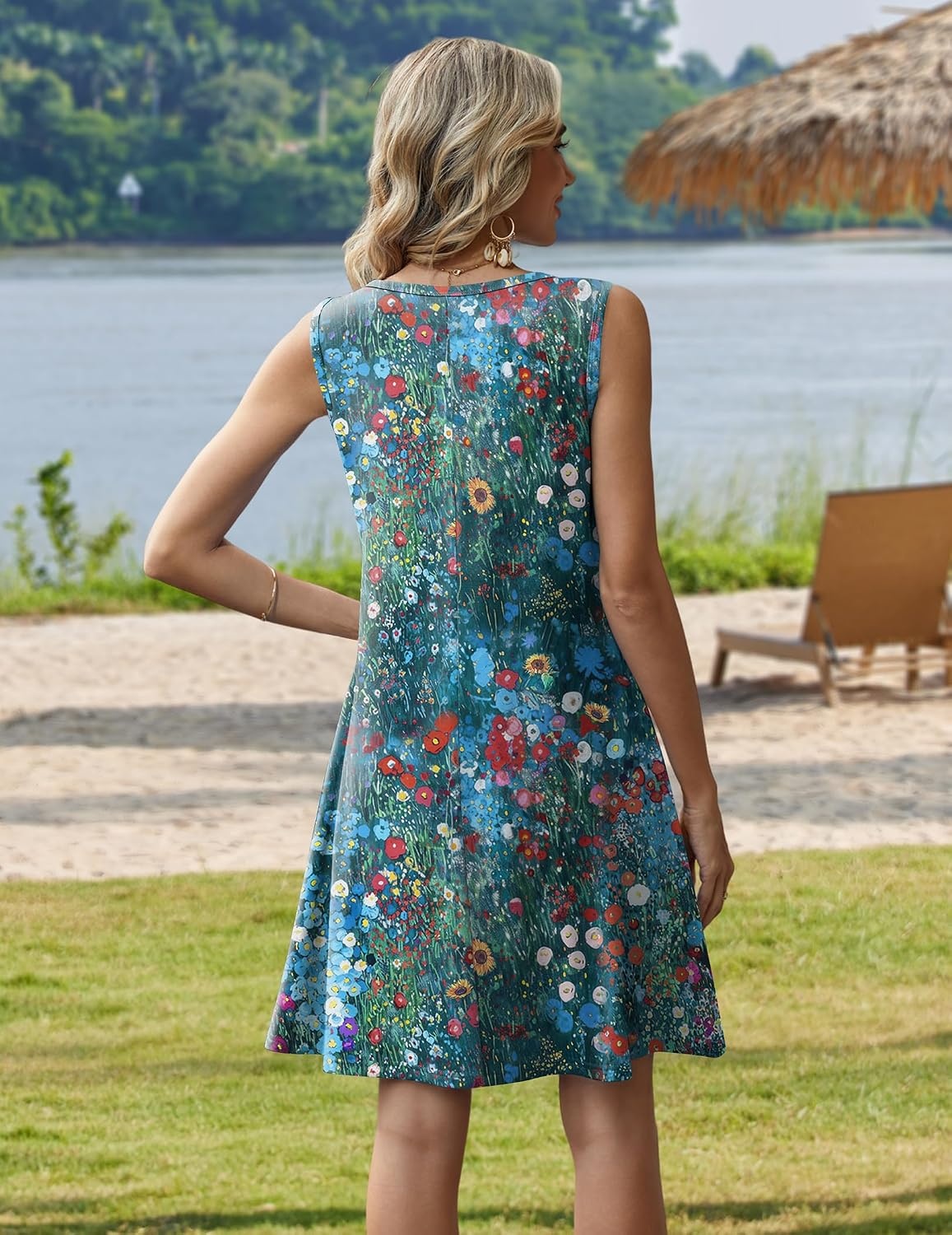 image:imageZeagoo Womens Summer Dress 2026 Sleeveless Casual ALine Tshirt Sundresses Dress With PocketFloral PrintCrewneckAline Flowy Swing Mini DressLoose Tank Tshirt DressFor Beach VocationColorful