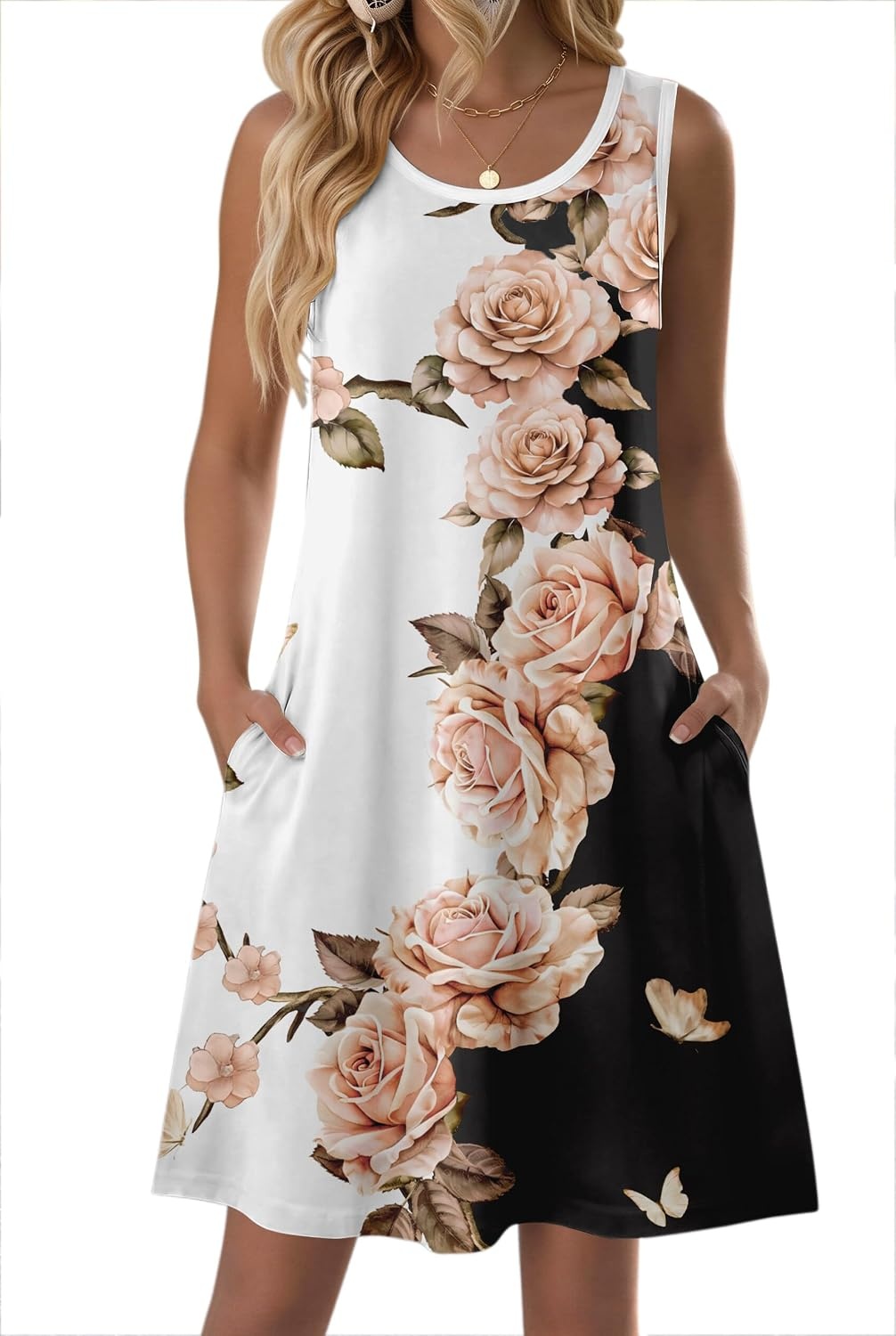 image:imageZeagoo Womens Summer Dress 2026 Sleeveless Casual ALine Tshirt Sundresses Dress With PocketFloral PrintCrewneckAline Flowy Swing Mini DressLoose Tank Tshirt DressFor Beach VocationBlack White Pink Floral