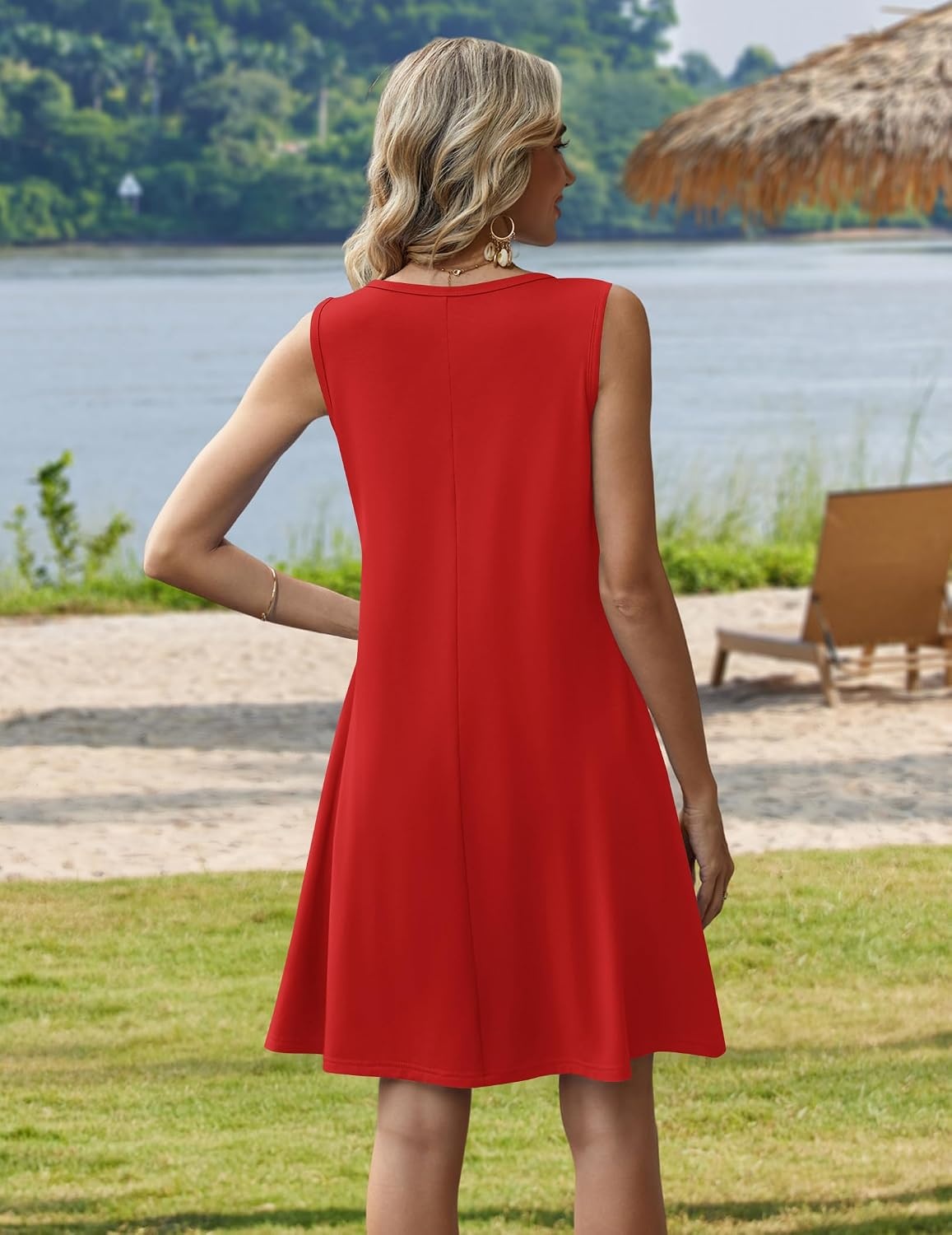 image:imageZeagoo Womens Summer Dress 2026 Sleeveless Casual ALine Tshirt Sundresses Dress With PocketFloral PrintCrewneckAline Flowy Swing Mini DressLoose Tank Tshirt DressFor Beach VocationRed