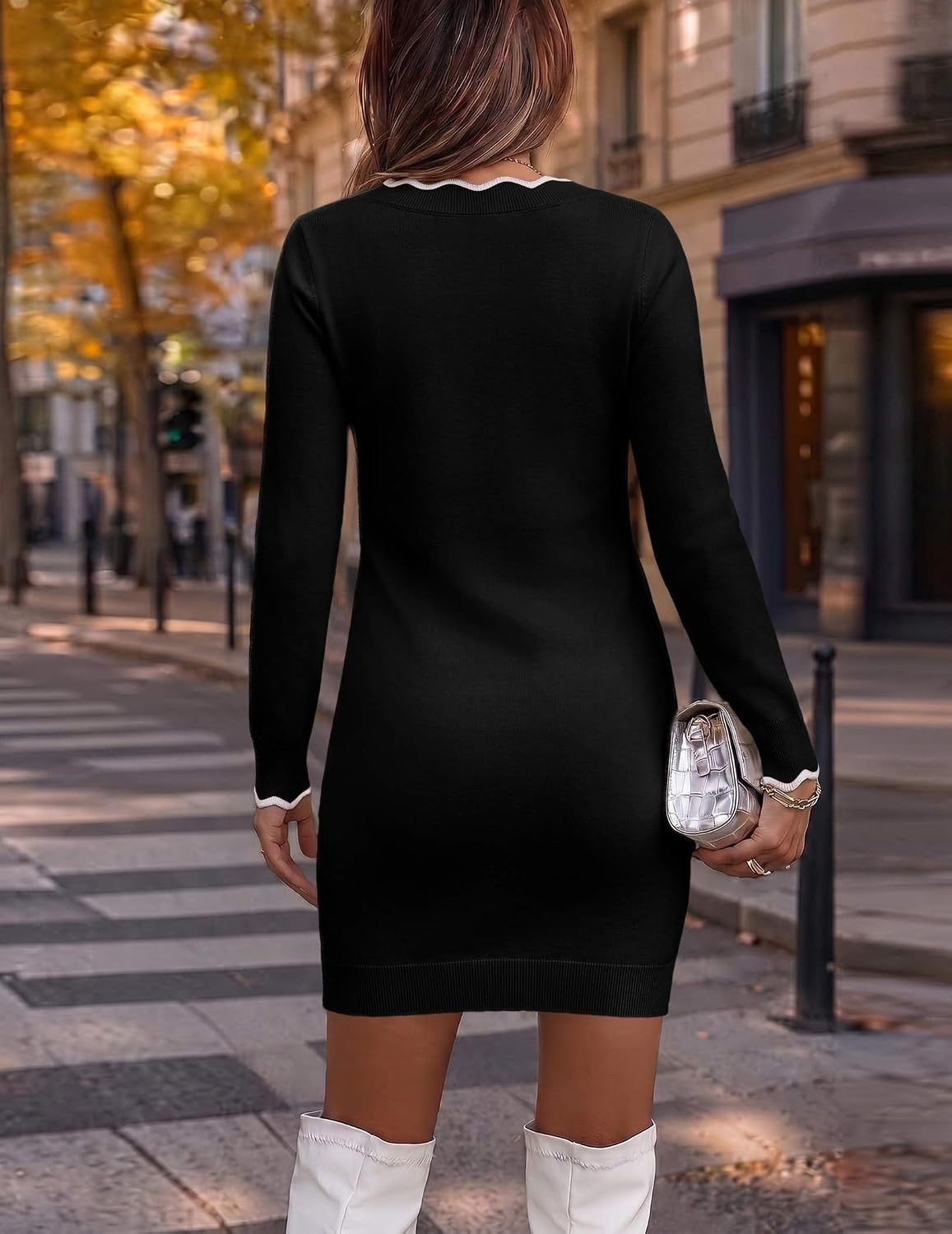 image:imageZeagoo Womens Sweater Dress Long Sleeve V Neck Short Mini Knitted Dress Fall Winter Fitted Thick Casual Knit Dress Long SweaterBlack