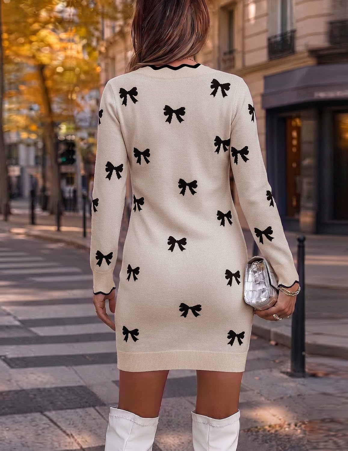 image:imageZeagoo Womens Sweater Dress Long Sleeve V Neck Short Mini Knitted Dress Fall Winter Fitted Thick Casual Knit Dress Long SweaterBow Apricot