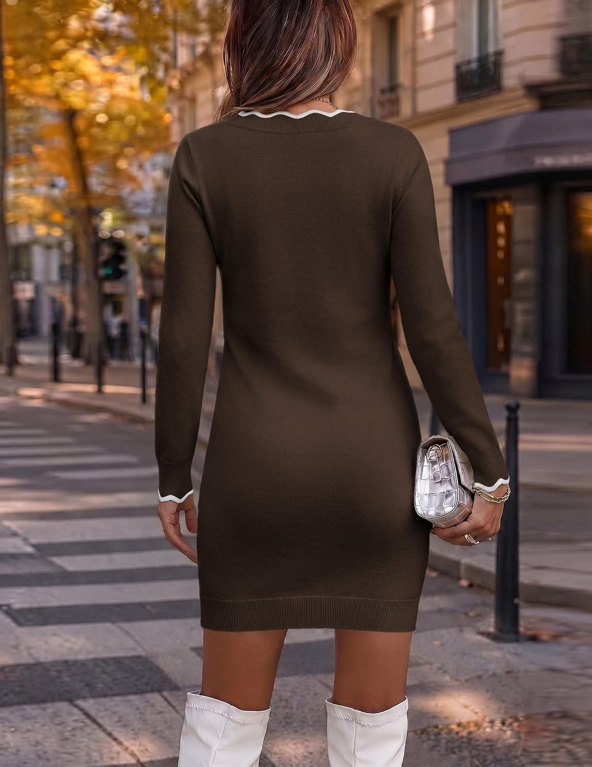 image:imageZeagoo Womens Sweater Dress Long Sleeve V Neck Short Mini Knitted Dress Fall Winter Fitted Thick Casual Knit Dress Long SweaterBrown