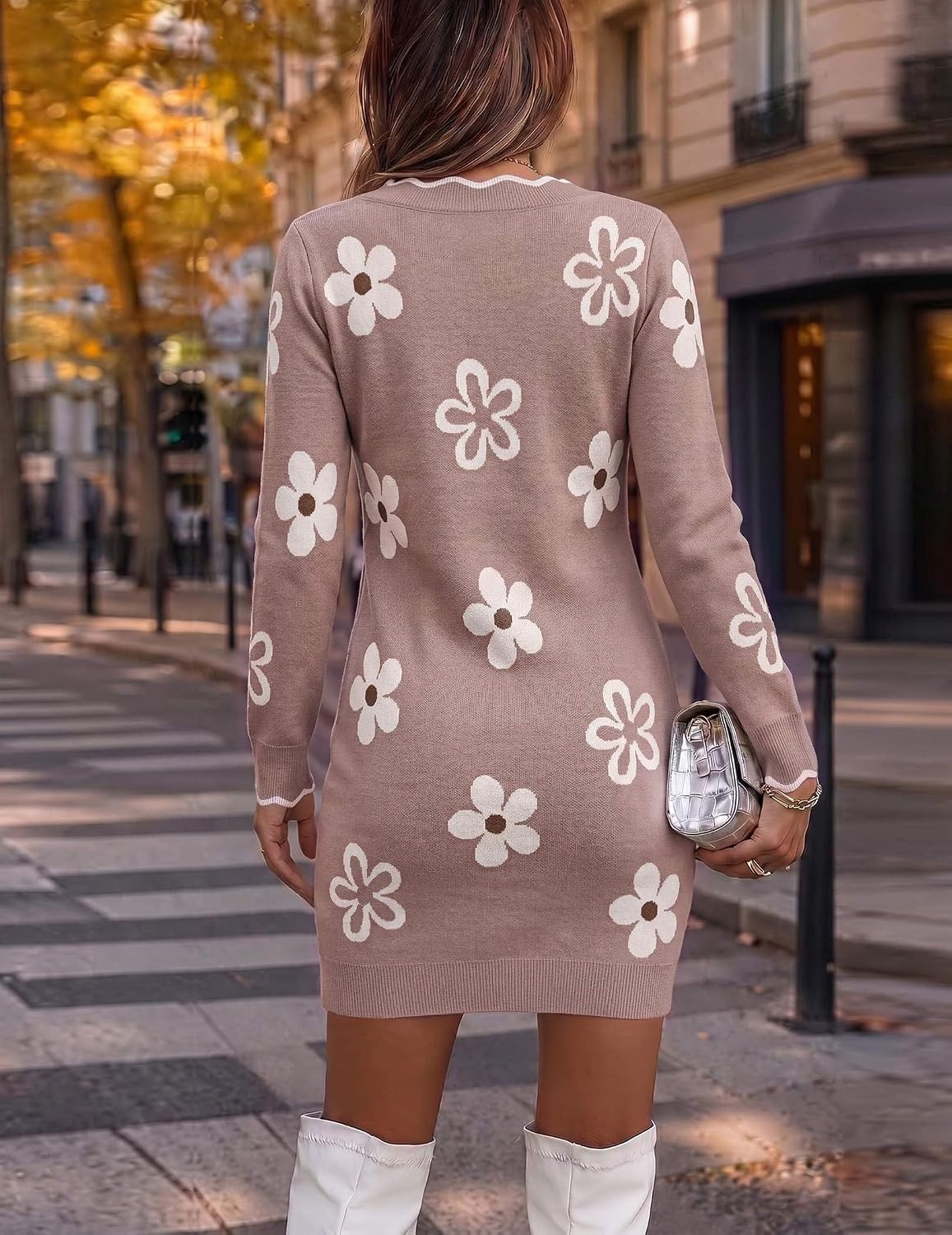 image:imageZeagoo Womens Sweater Dress Long Sleeve V Neck Short Mini Knitted Dress Fall Winter Fitted Thick Casual Knit Dress Long SweaterFlowers Khaki