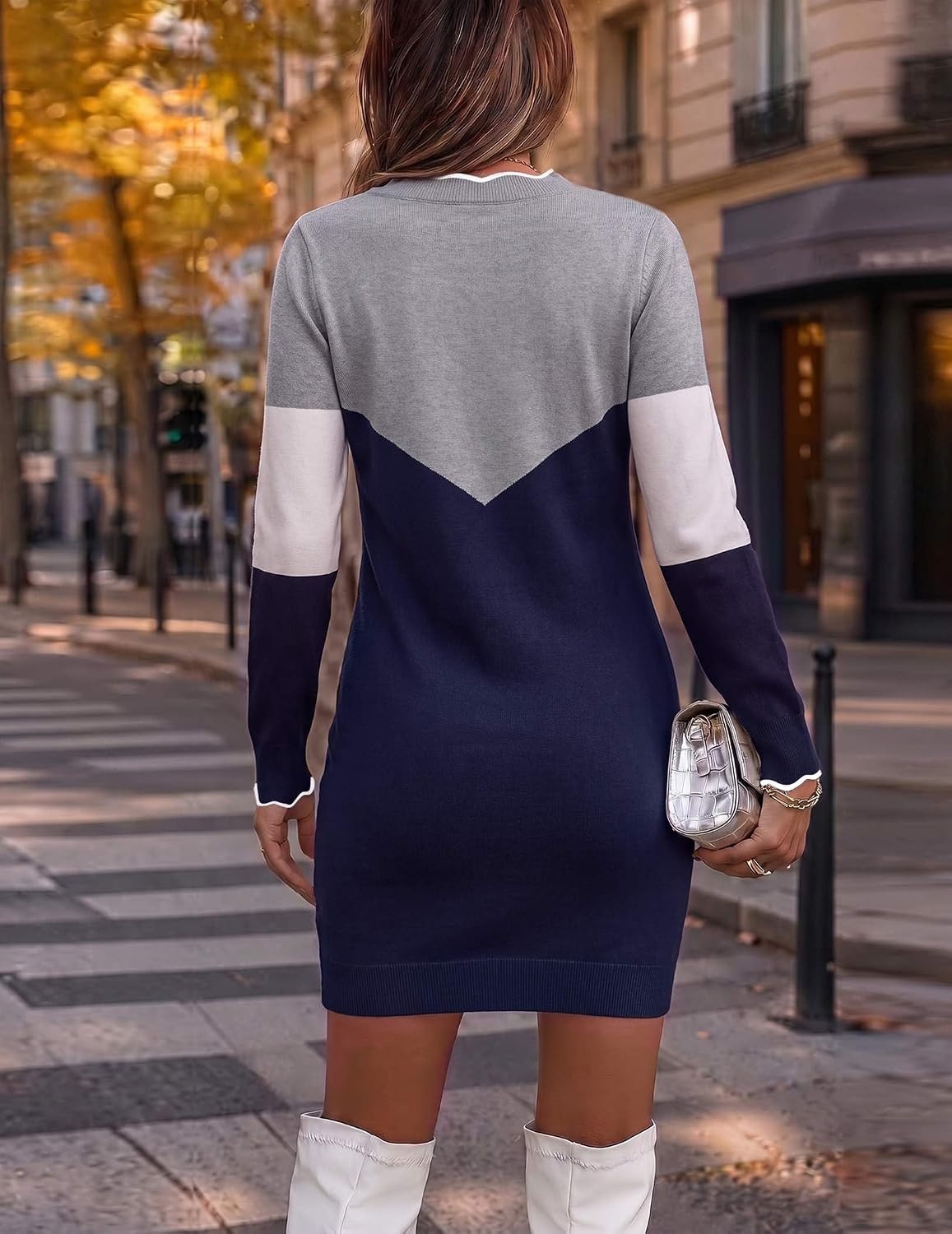 image:imageZeagoo Womens Sweater Dress Long Sleeve V Neck Short Mini Knitted Dress Fall Winter Fitted Thick Casual Knit Dress Long SweaterGrey Navy