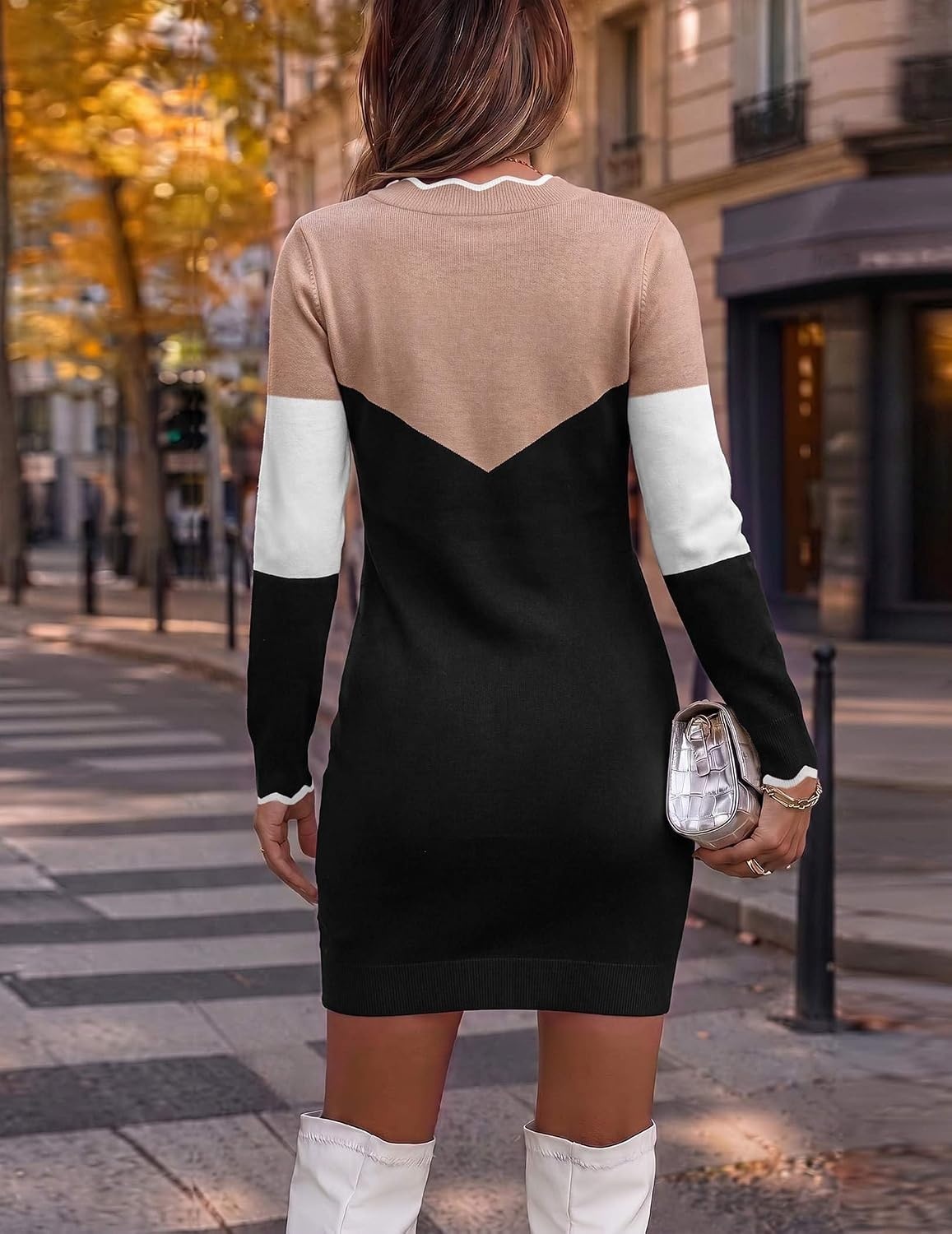 image:imageZeagoo Womens Sweater Dress Long Sleeve V Neck Short Mini Knitted Dress Fall Winter Fitted Thick Casual Knit Dress Long SweaterKhaki Black
