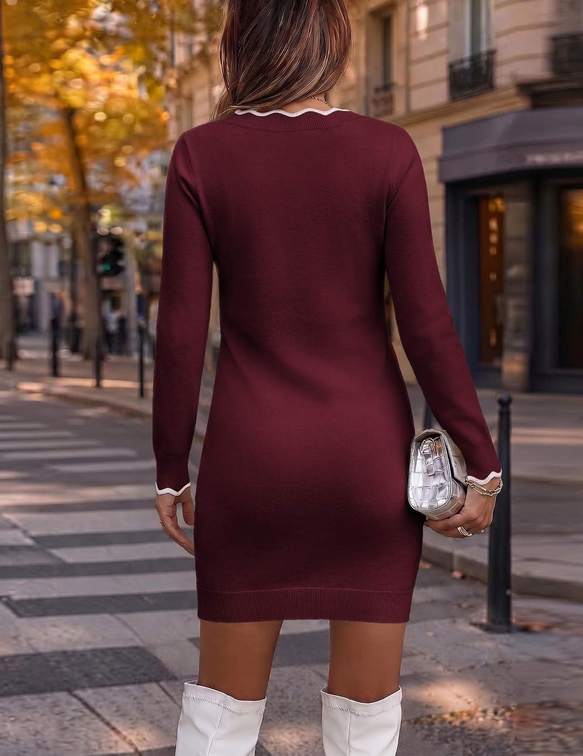 image:imageZeagoo Womens Sweater Dress Long Sleeve V Neck Short Mini Knitted Dress Fall Winter Fitted Thick Casual Knit Dress Long SweaterWine Red