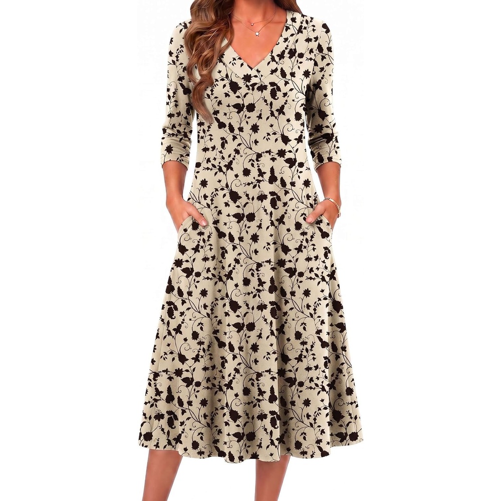 image:imageZeagoo Dresses for Womens Long Sleeve Midi Dress Fall Casual A Line Dress Fall Outfits 2026V Neck Flare Dress with PocketsWinter Long Dresses For WomenFloral PrintedBusiness CasualFlowy SwingKhaki Printed