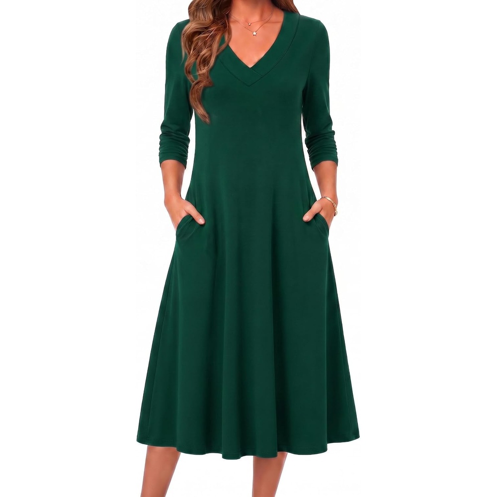 image:imageZeagoo Dresses for Womens Long Sleeve Midi Dress Fall Casual A Line Dress Fall Outfits 2026V Neck Flare Dress with PocketsWinter Long Dresses For WomenFloral PrintedBusiness CasualFlowy SwingGreen