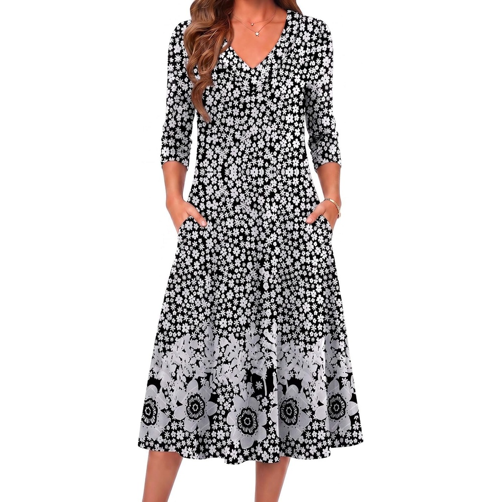 image:imageZeagoo Dresses for Womens Long Sleeve Midi Dress Fall Casual A Line Dress Fall Outfits 2026V Neck Flare Dress with PocketsWinter Long Dresses For WomenFloral PrintedBusiness CasualFlowy SwingBlack White Floral