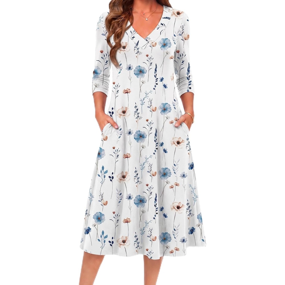 image:imageZeagoo Dresses for Womens Long Sleeve Midi Dress Fall Casual A Line Dress Fall Outfits 2026V Neck Flare Dress with PocketsWinter Long Dresses For WomenFloral PrintedBusiness CasualFlowy SwingWhite Floral