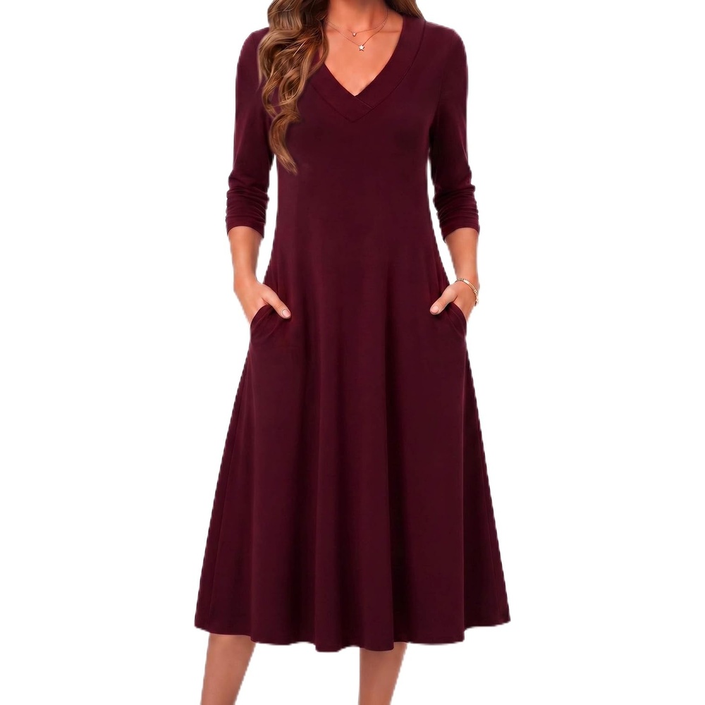 image:imageZeagoo Dresses for Womens Long Sleeve Midi Dress Fall Casual A Line Dress Fall Outfits 2026V Neck Flare Dress with PocketsWinter Long Dresses For WomenFloral PrintedBusiness CasualFlowy SwingRed